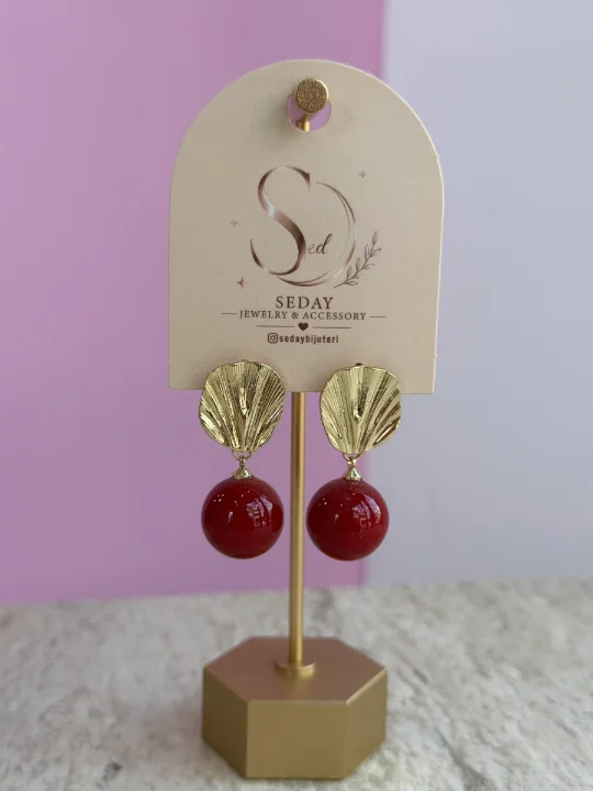 Kırmızı Midye Gold Küpe